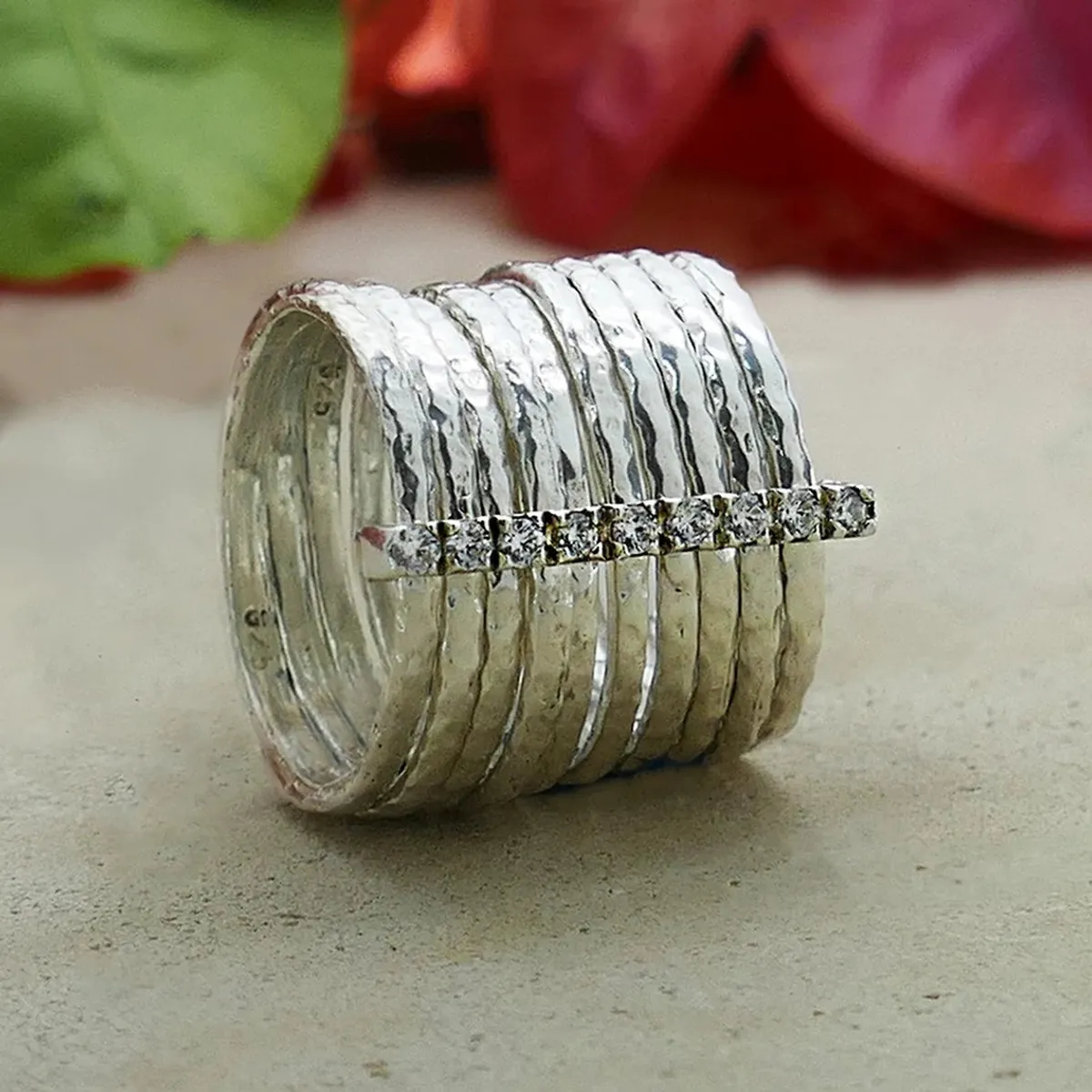 10 stack ringe i sølv med Cubic Zirconia, 47