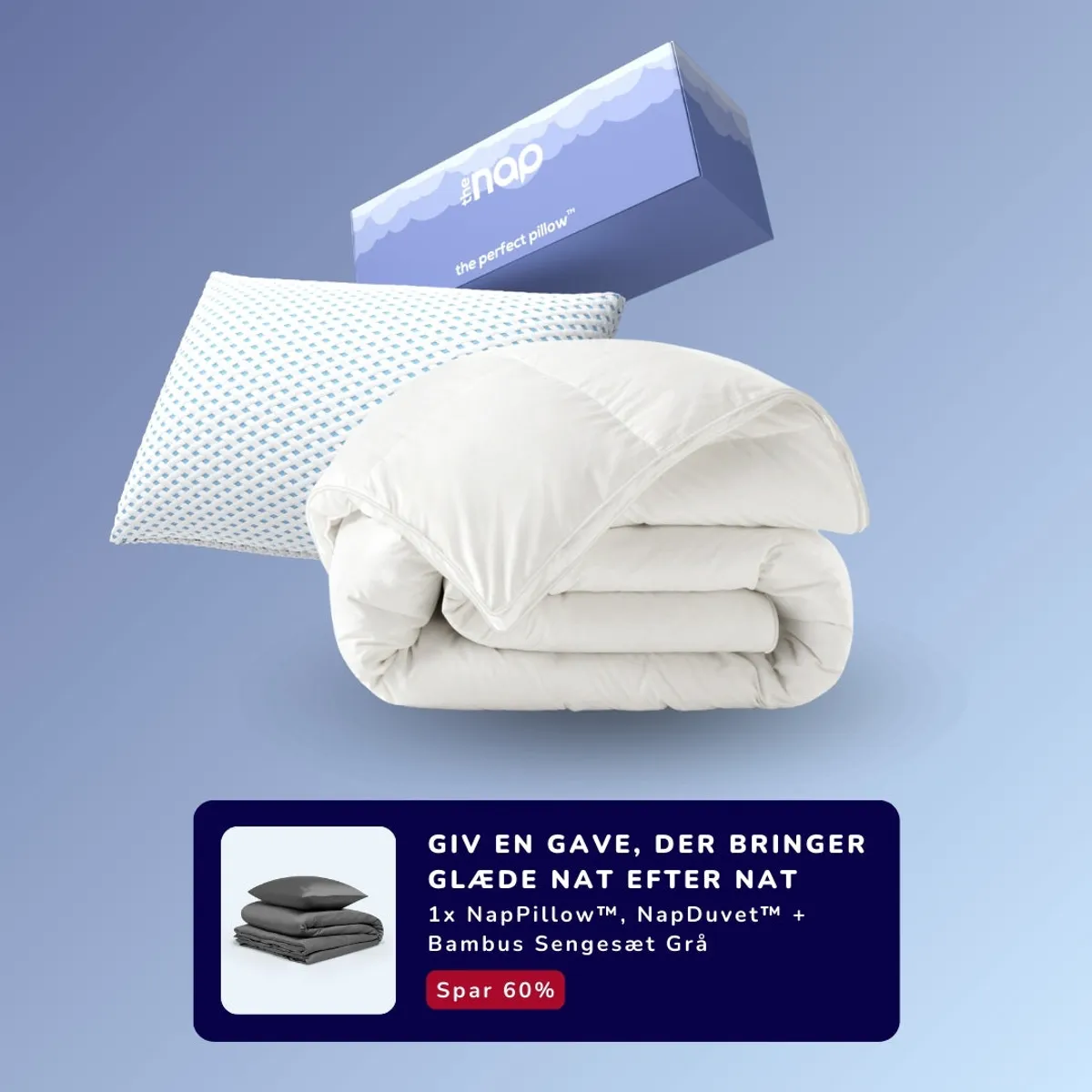 1x NapPillow&trade;, 1x NapDuvet&trade; & Bambus Sengesæt Grå - 140x200 / 140x200