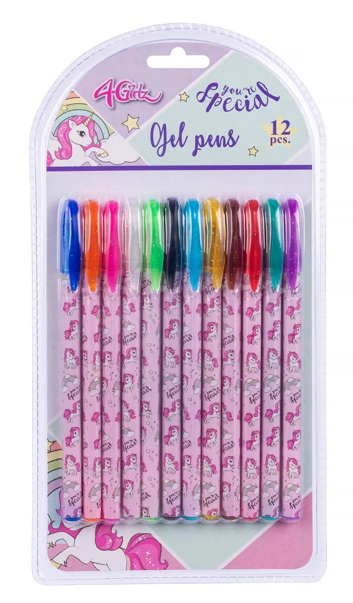 4 Girlz 12 stk. Farve Gel Pens Med Enhjørning Motiv - skrivesæt - Legekammeraten.dk