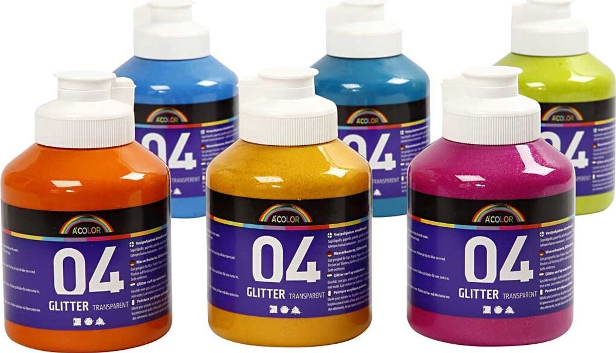 A-color - Skole Akrylmaling - Glitter Sæt - 6x500 Ml