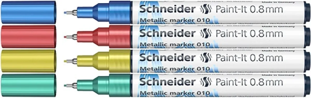 Akrylmarker SCHNEIDER Paint-It Metallic, 0,8 mm, etui, 4 stk., blå, rød, gul, grøn 1 PA