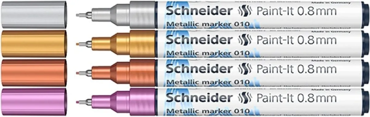 Akrylmarker SCHNEIDER Paint-It Metallic, 0,8 mm, etui, 4 stk., sølv, guld, kobber, violet 1 PA