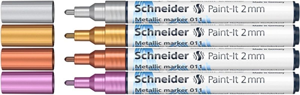 Akrylmarker SCHNEIDER Paint-It Metallic, 2 mm, etui, 4 stk., sølv, guld, kobber, lilla 1 pakke