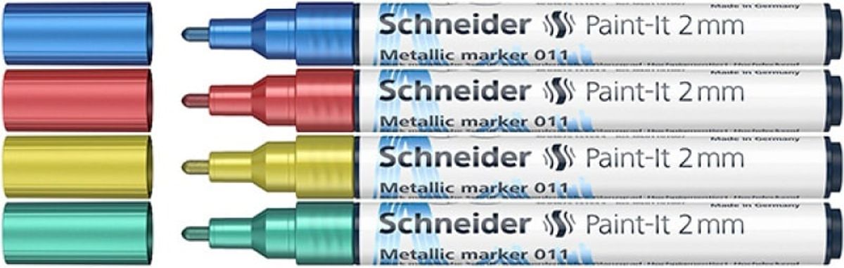 Akrylmarkør SCHNEIDER Paint-It Metallic, 2 mm, etui, 4 stk., blå, rød, gul, grøn 1 pakke