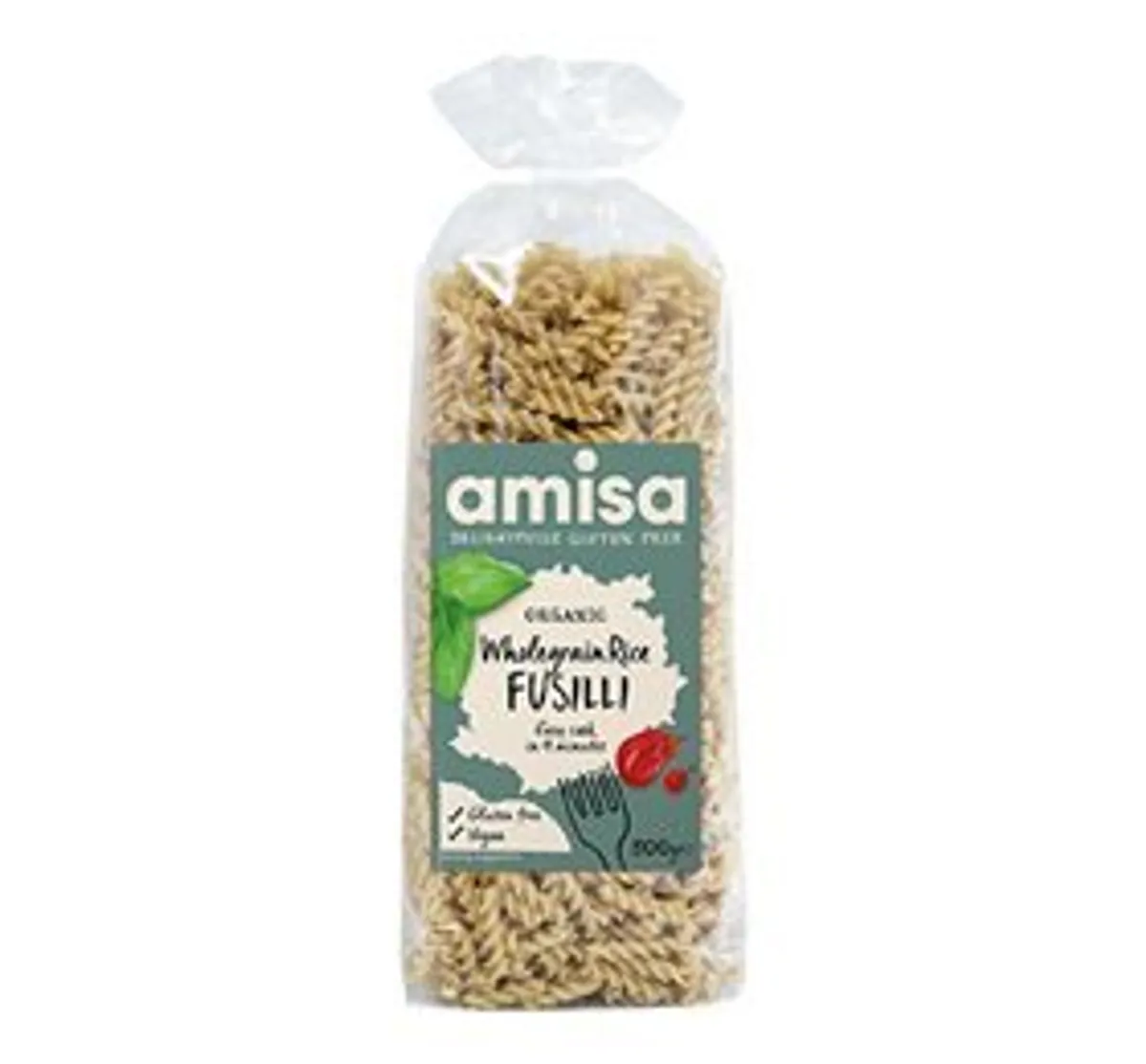 Amisa Fuldkornsris Fusilli pasta Ø, 500g.