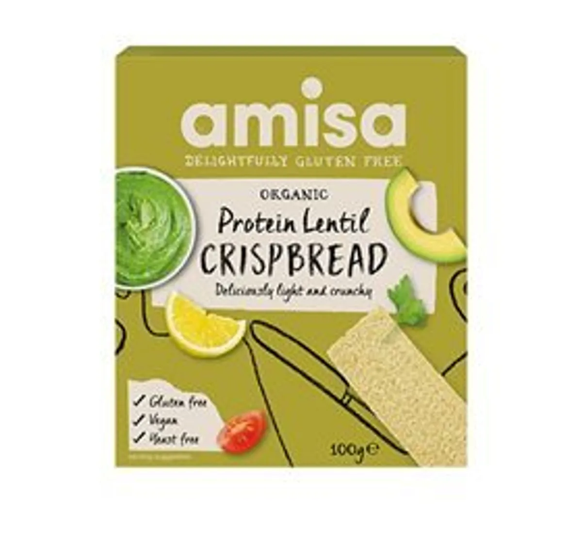 Amisa Knækbrød protein m. linser glutenfri Ø, 100g.