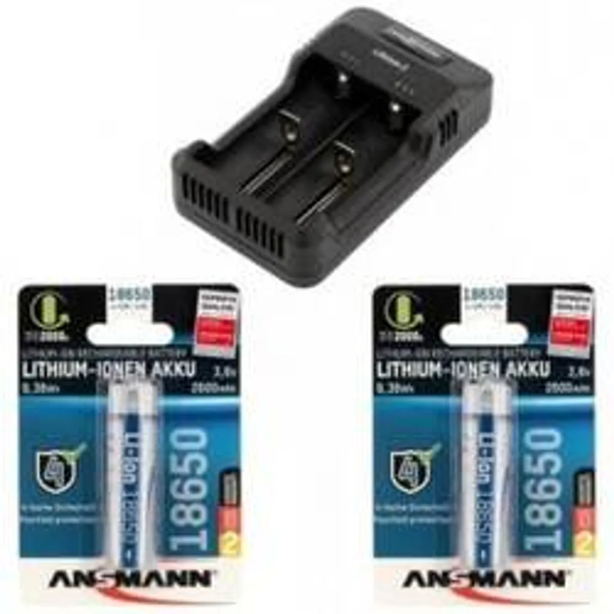 ANSMANN Genopladelig Pakke med Li-ION/Ni-MH lader og 2 x ANSMANN 18650 2600 mAh batterier