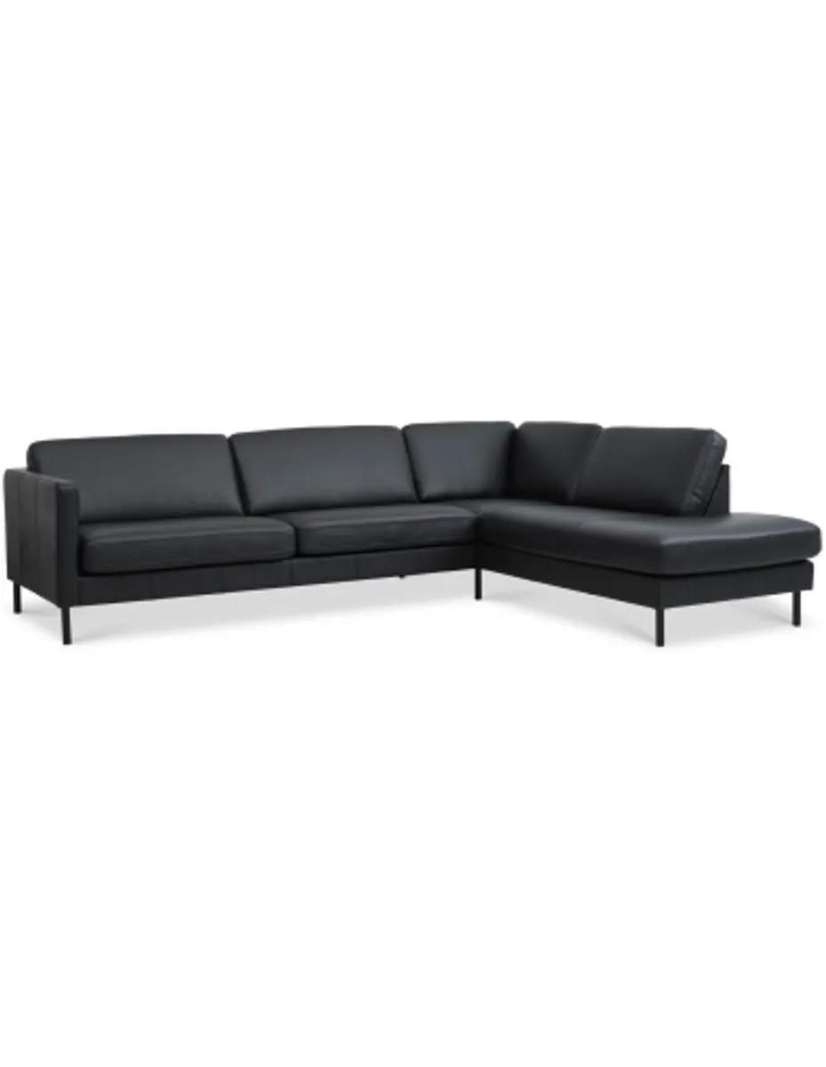 Askset højrevendt chaiselongsofa i semi-anilin læder B291 x D219 cm - Sort/Sort