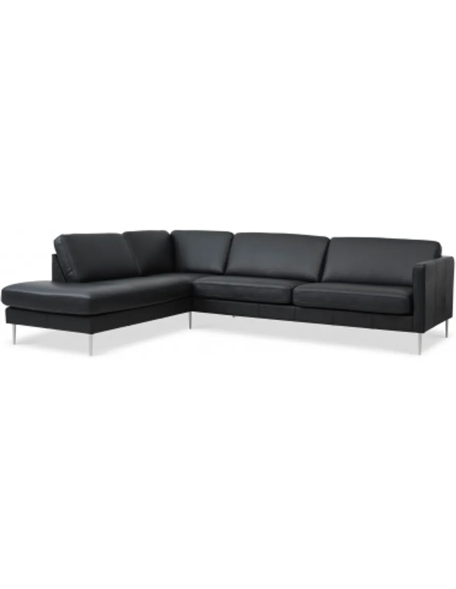 Askset venstrevendt chaiselongsofa i semi-anilin læder B291 x D219 cm - Børstet alugrå/Sort