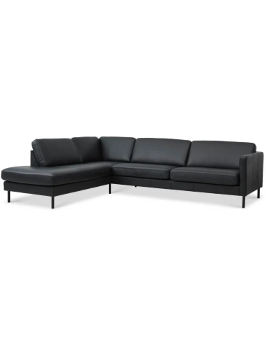 Askset venstrevendt chaiselongsofa i semi-anilin læder B291 x D219 cm - Sort/Sort