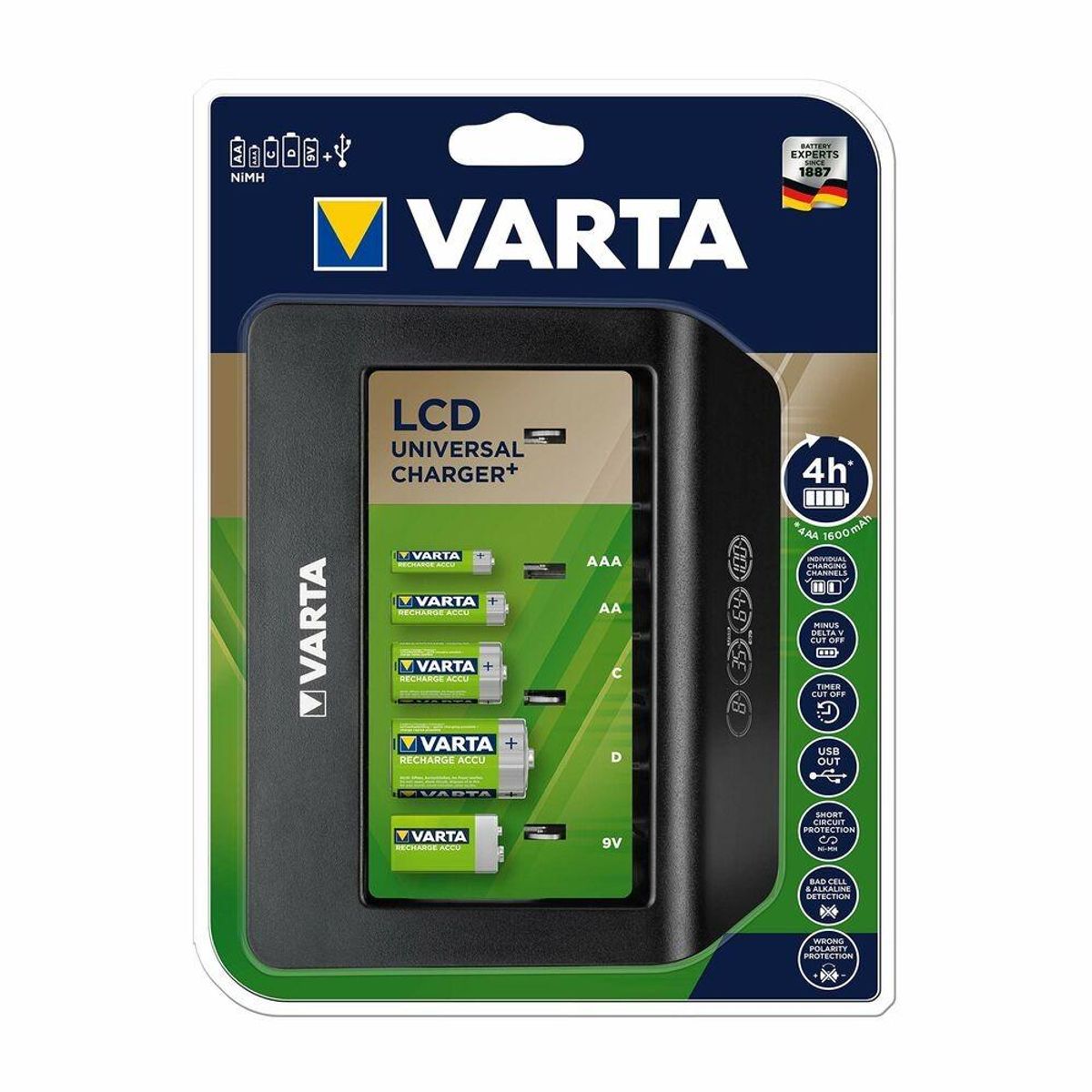 Batteroplader Varta LCD Universal Charger+ Type C Type D 1600 mAh 100-240 V