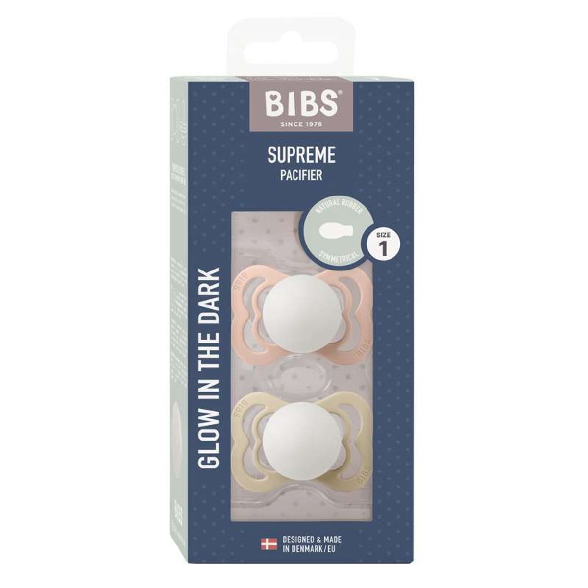 BIBS Symmetrisk Supreme Sut - 2-Pak - Str. 1 - Naturgummi - GLOW - Blush/Vanilla