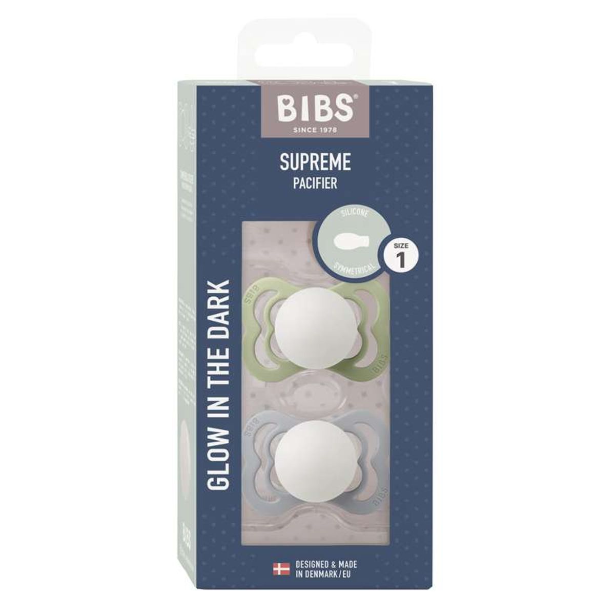 BIBS Symmetrisk Supreme Sut - 2-Pak - Str. 1 - Silikone - GLOW - Sage/Cloud