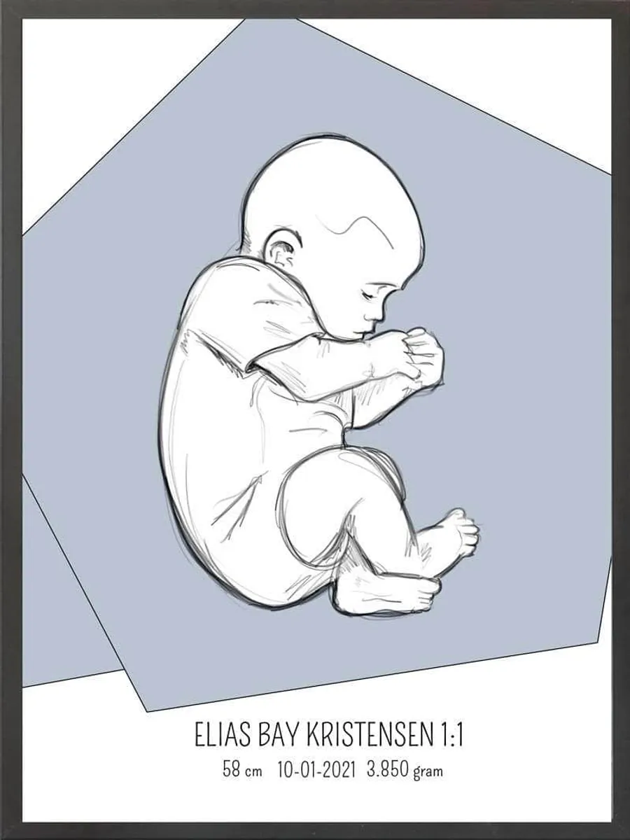 Birth poster / fødselsplakat 1:1 - Fosterstilling blå