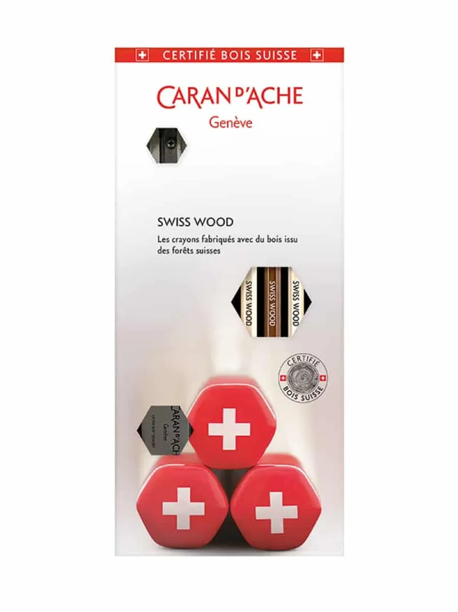 Blyantsæt CARAN D'ACHE SWISS WOOD, HB, 3 stk, viskelæder, blyantspidser