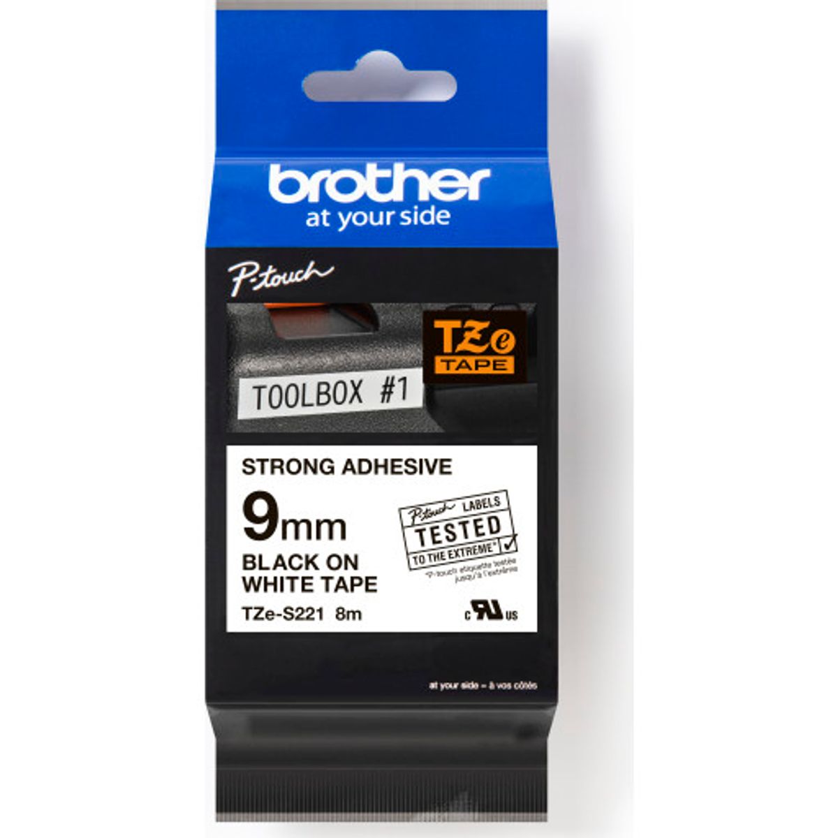 brother tape TZeS221, sort/hvid, 9 mm x 8 m