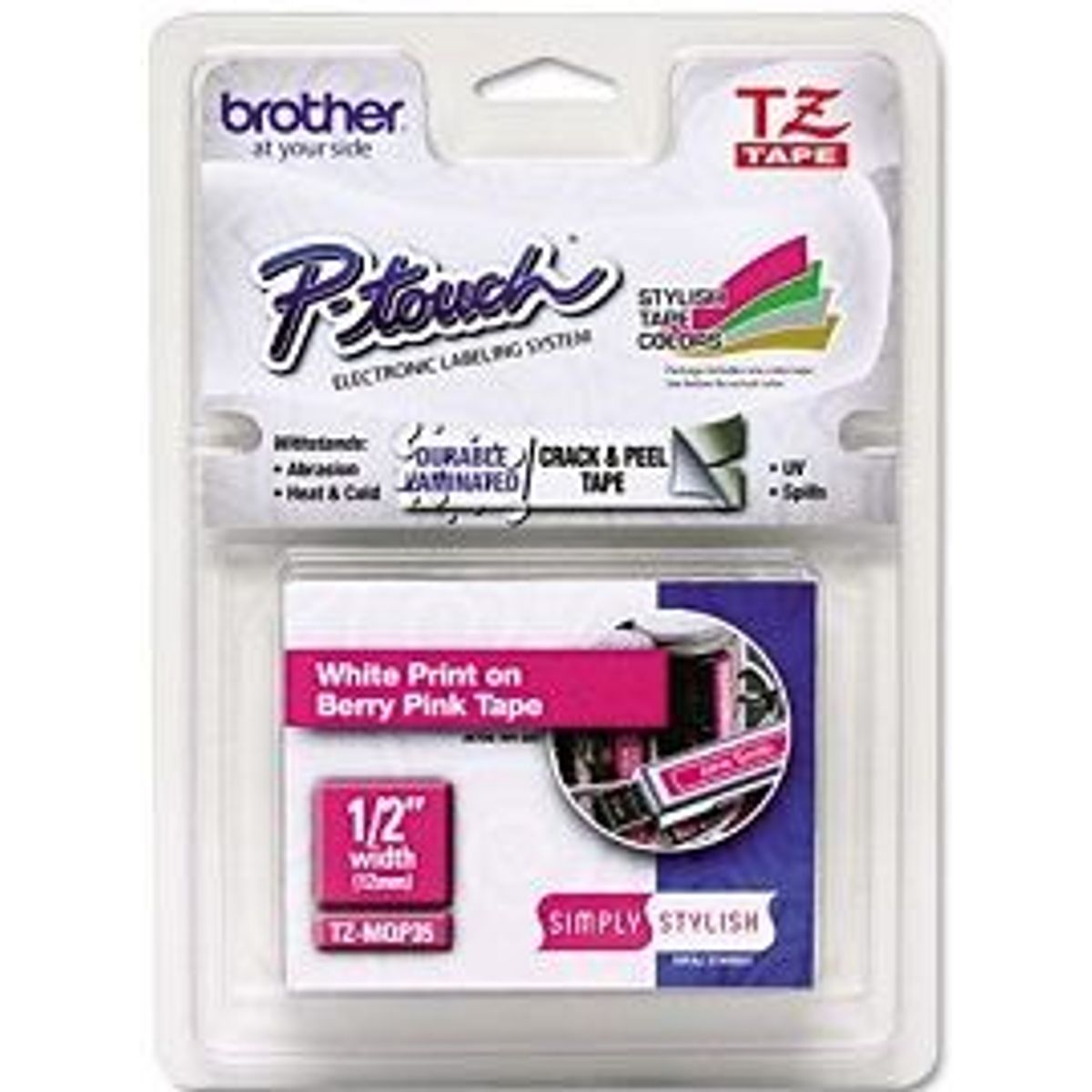 Brother TZEMQP35 TZe-tape / 12mm / Hvid Tekst / Pink Tape