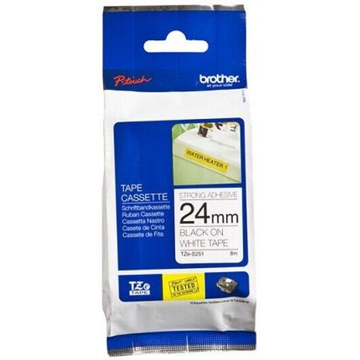 Brother TZS251 TZ-tape / 24mm / Hvid tekst / Sort Tape