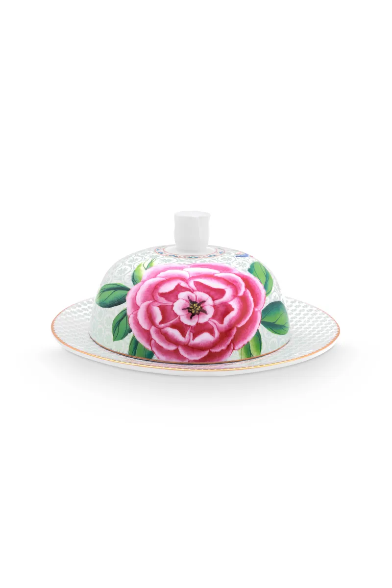 Butter Dish Round Blushing Birds White 17x8cm