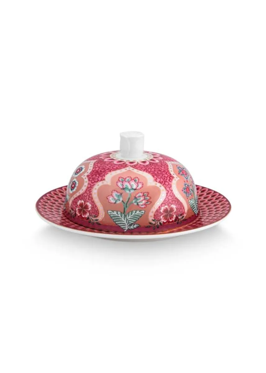 Butter Dish Round Flower Festival Deco Dark Pink 17x8cm