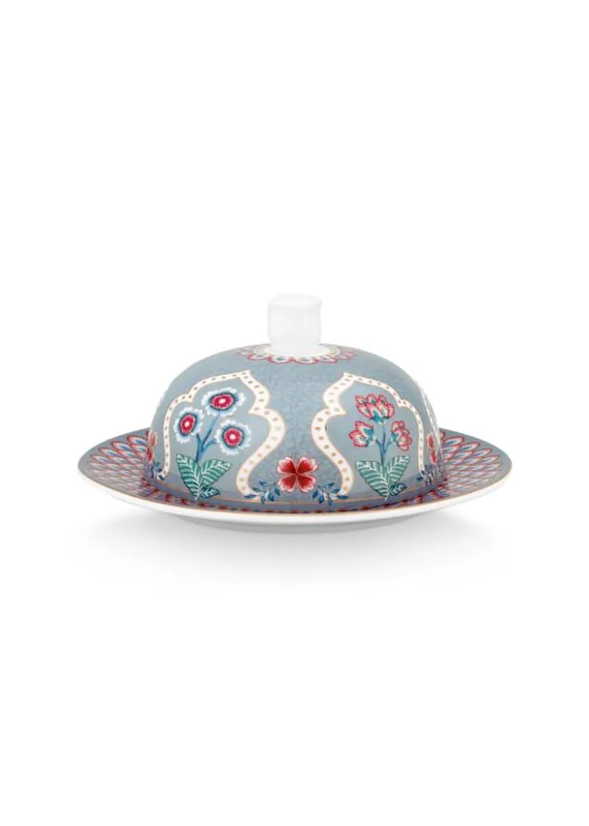 Butter Dish Round Flower Festival Deco Light Blue 17x8cm