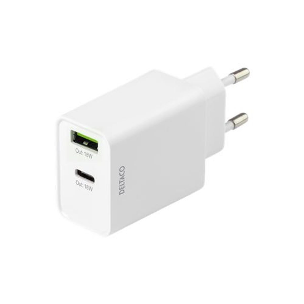 Deltaco - Duel lader (1xUSB-C /1xUSB-A) 3.0A (18W) (Han-Han) (Hvid) - 0,1 m