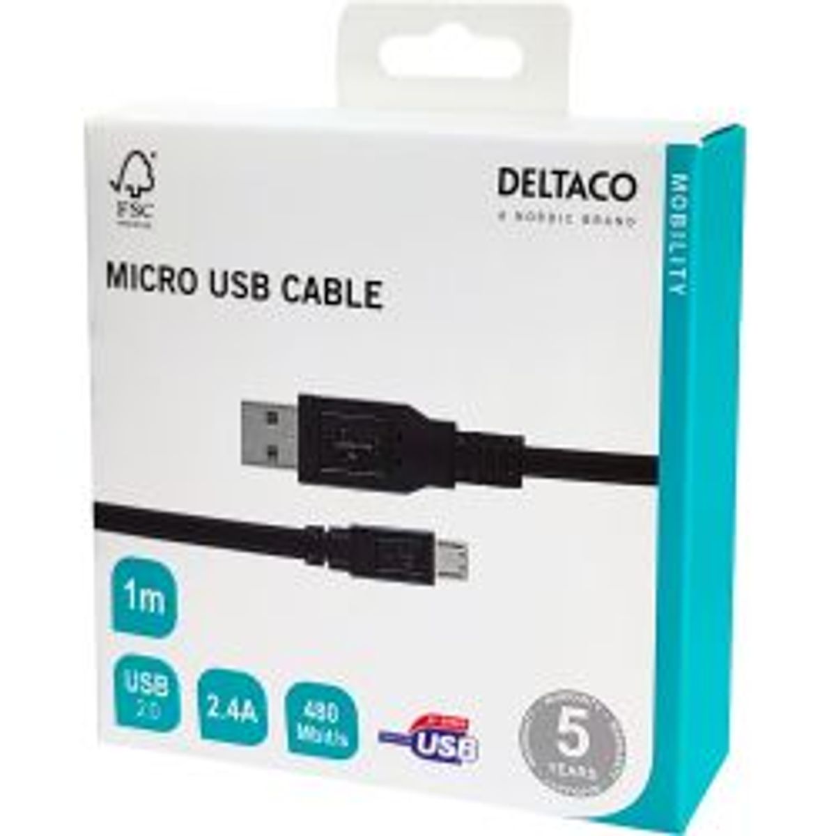 Deltaco Usb 2.0 Cable Type A Ma - Type Micro B Ma, 5-pin, 1m, Black - Ledning