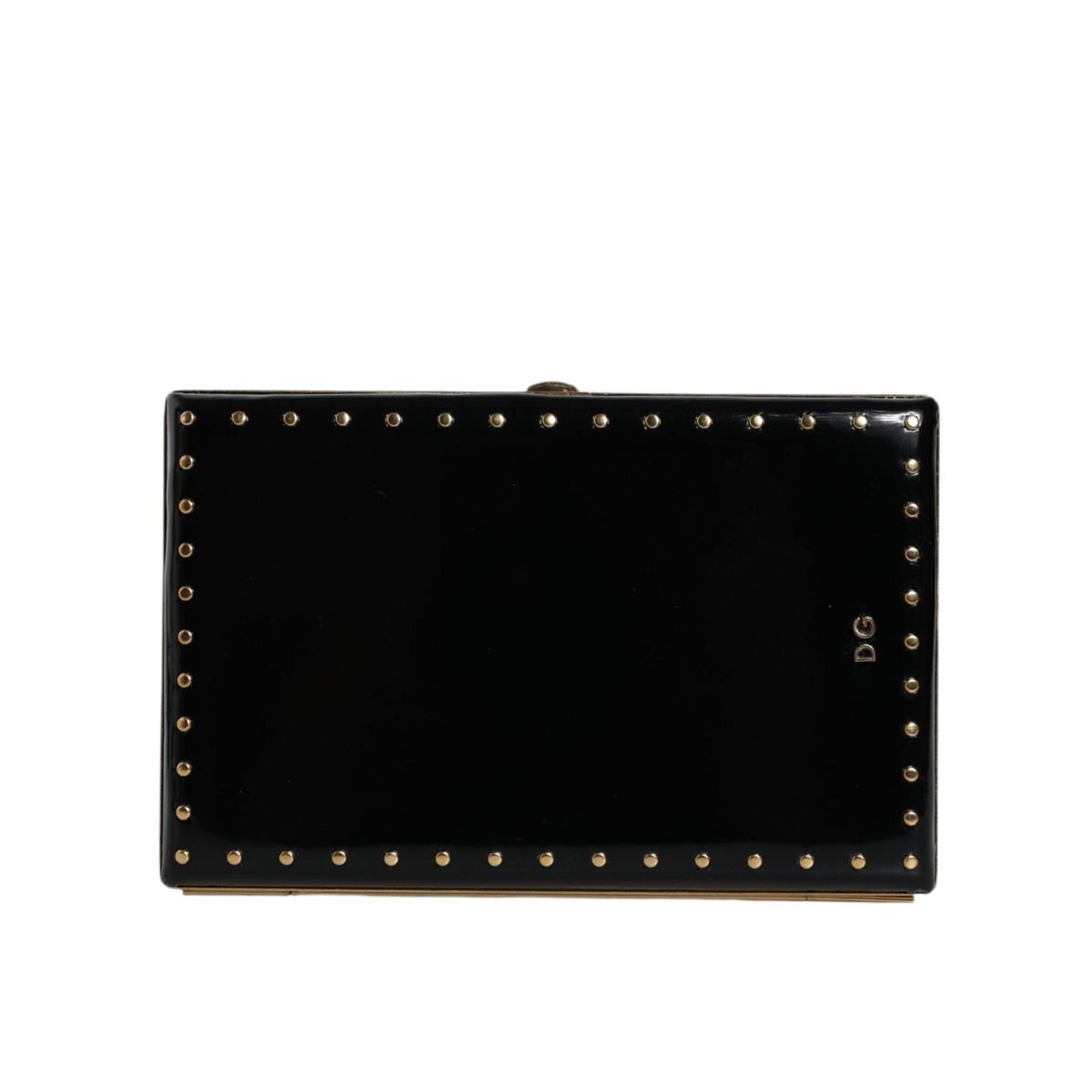 Dolce & Gabbana Black Leather Studs Gold Frame Clutch Evening Purse Bag