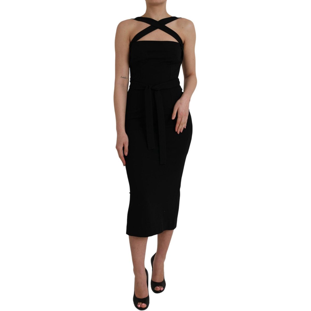 Dolce & Gabbana Black Sheath Halter Sleeveless Midi Dress