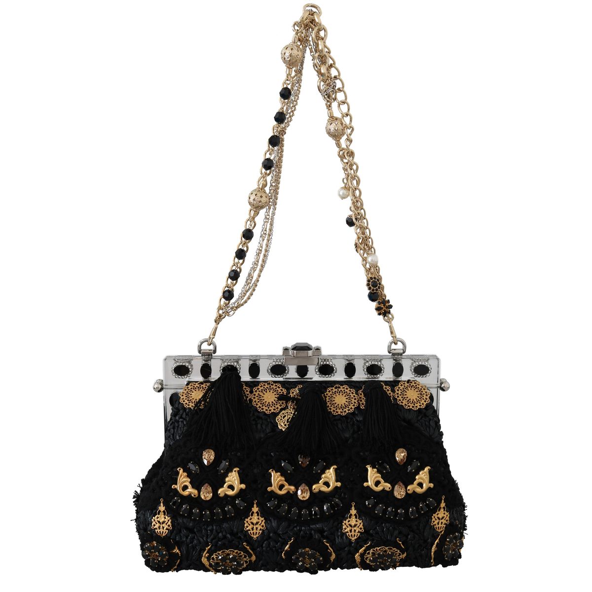 Dolce & Gabbana Black Tassel Gold Baroque Crystal Evening Clutch