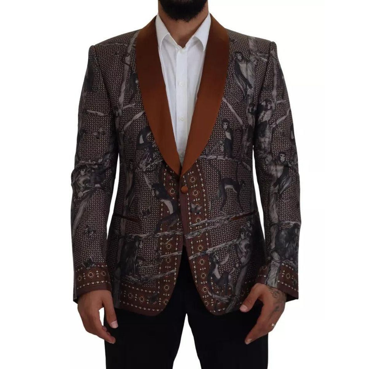 Dolce & Gabbana Bronze Monkey Print Silk Slim Jacket Blazer