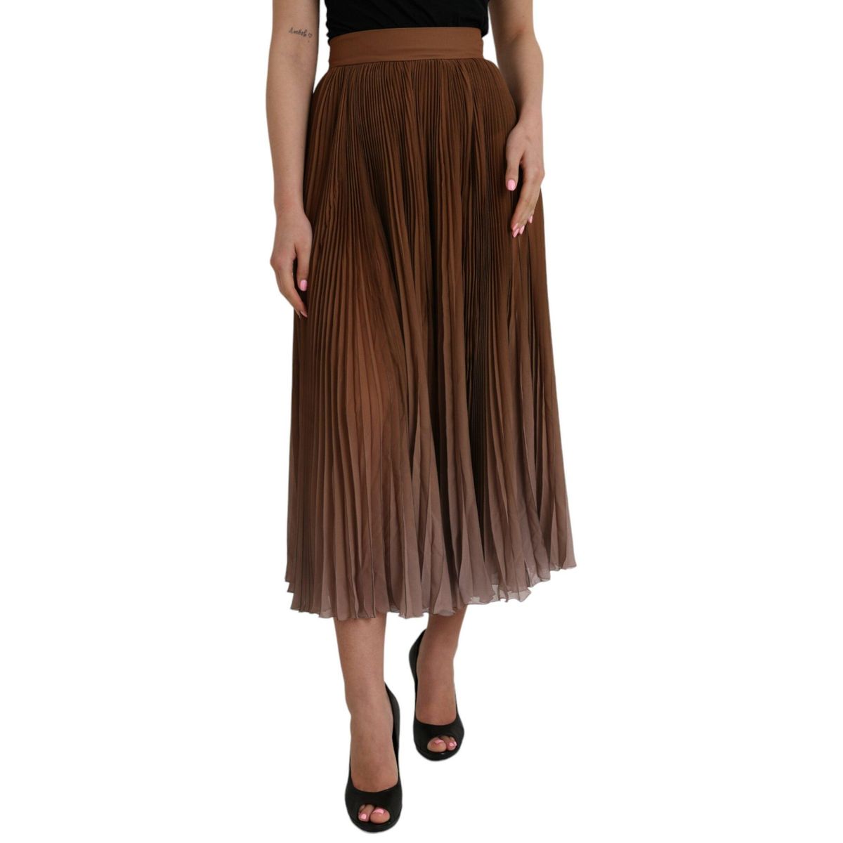 Dolce & Gabbana Brown Polyester Pleated High Waist Midi Skirt