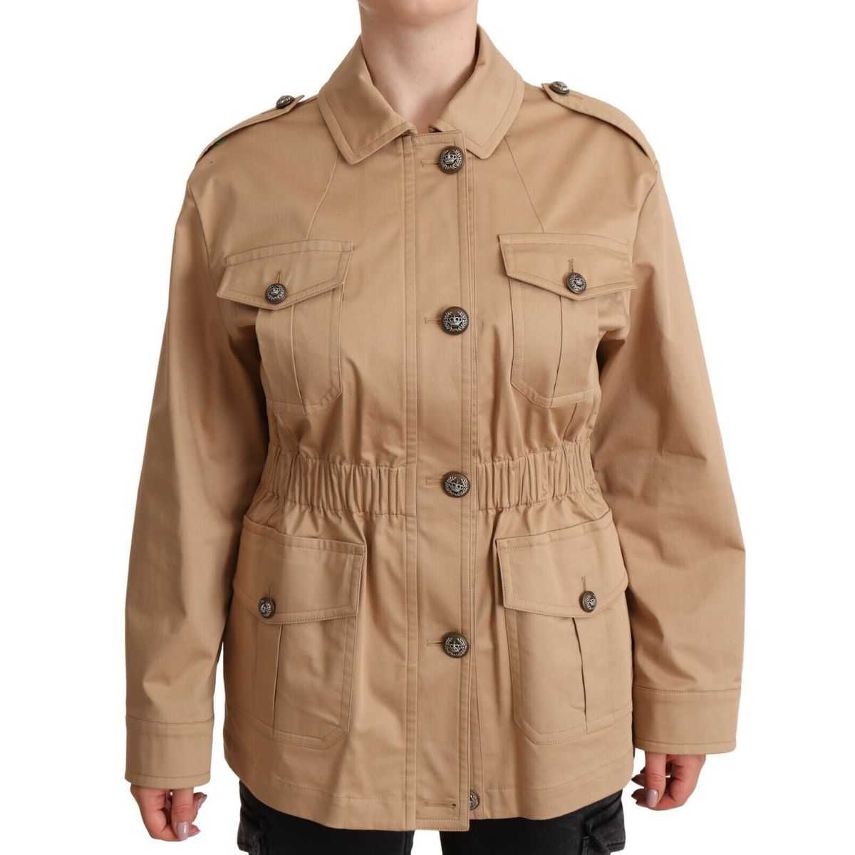 Dolce & Gabbana Chic Beige Button Down Coat with Embellishments