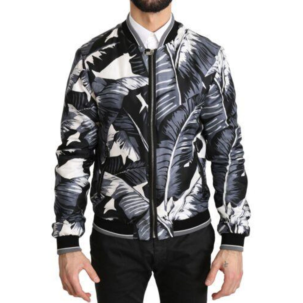 Dolce & Gabbana Elegant Banana Leaf Print Silk Bomber Jacket