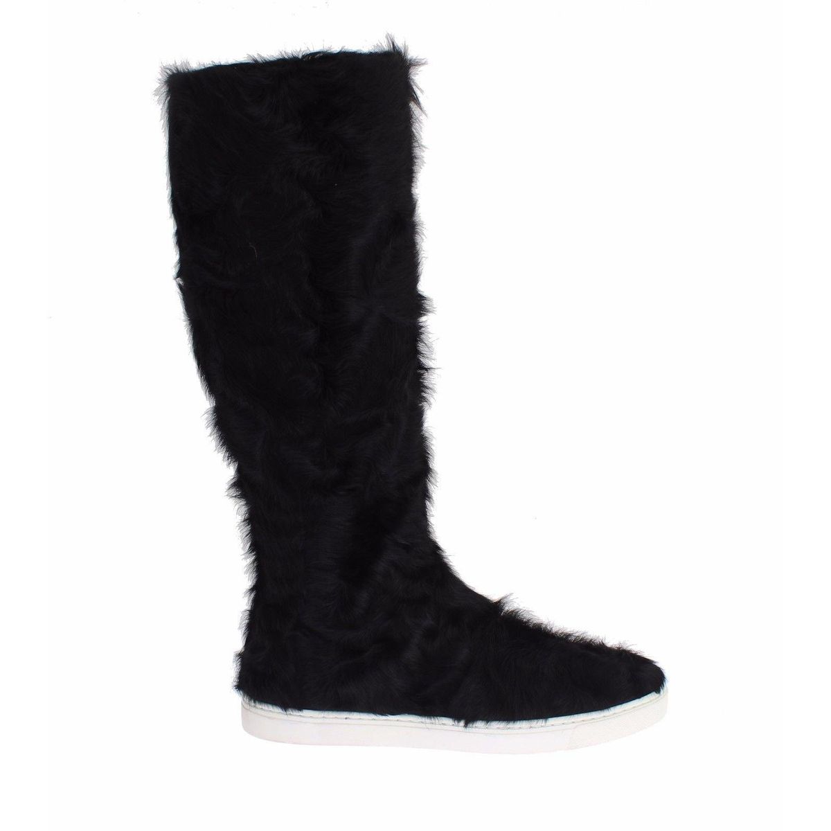 Dolce & Gabbana Elegant Black Fur Leather Flat Sneakers Boots