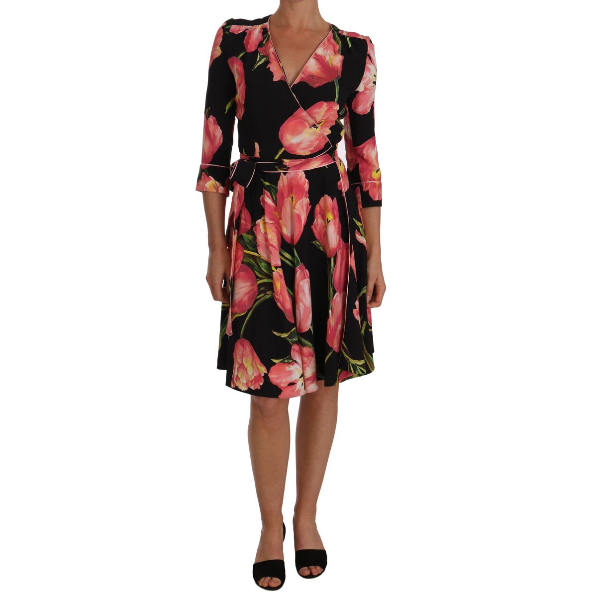 Dolce & Gabbana Elegant Black Shift Dress with Pink Tulips Print