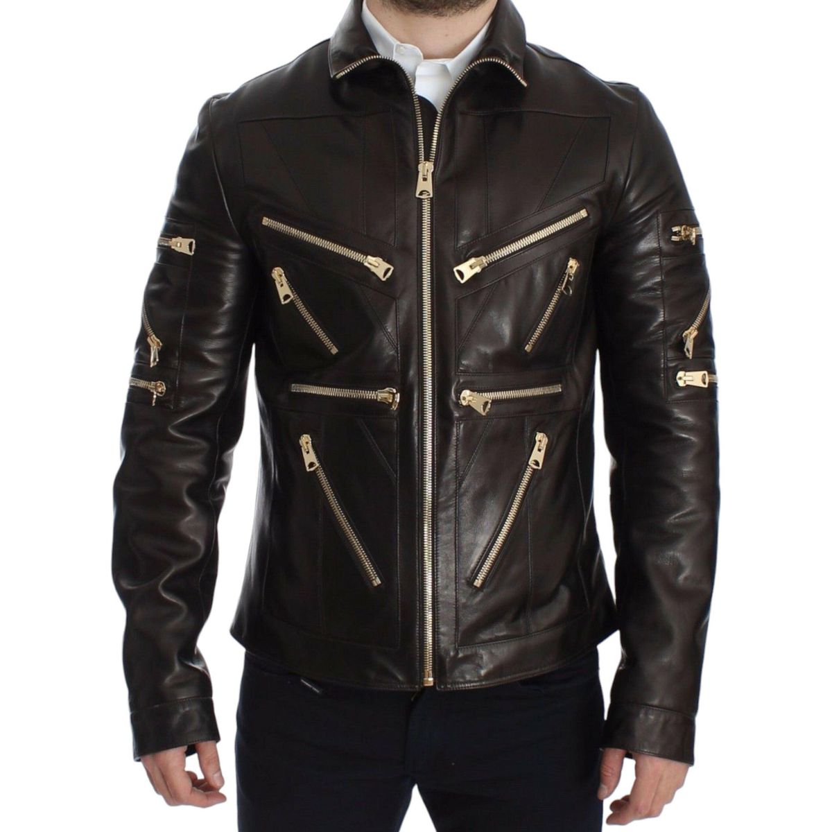 Dolce & Gabbana Elegant Brown Gold-Detailed Leather Jacket