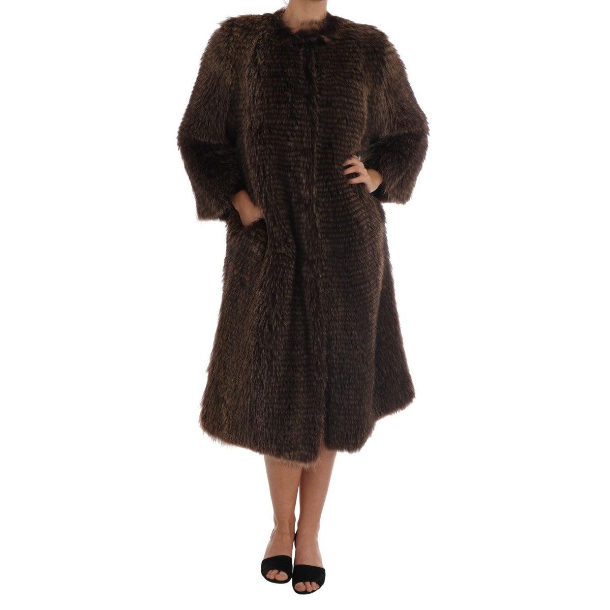 Dolce & Gabbana Elegant Brown Raccoon Fur Knee-Length Coat