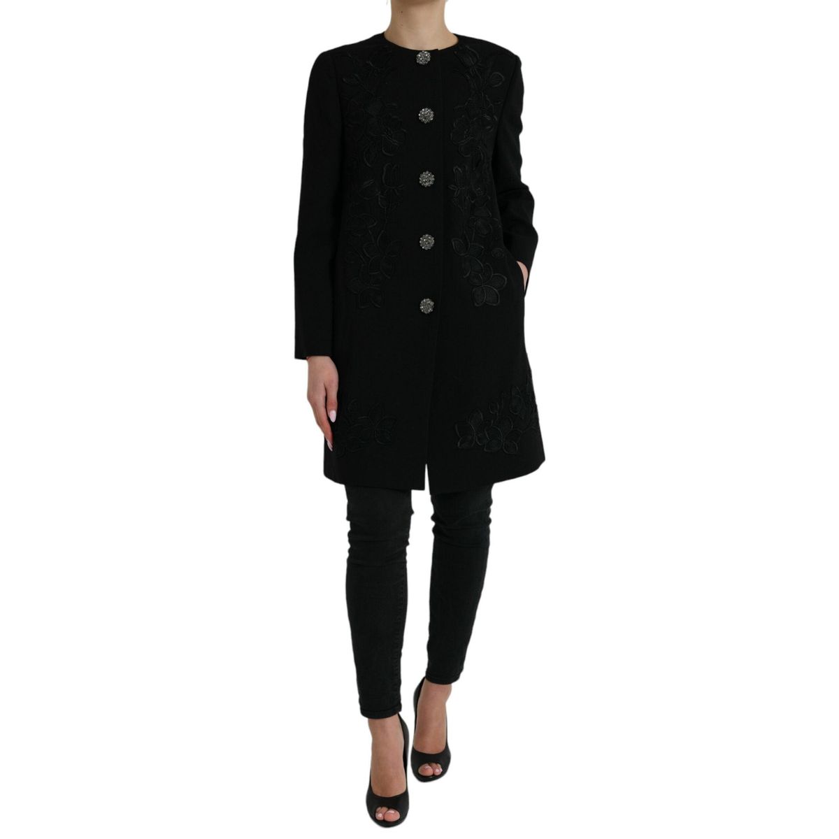 Dolce & Gabbana Elegant Floral Buttoned Wool Trench Coat