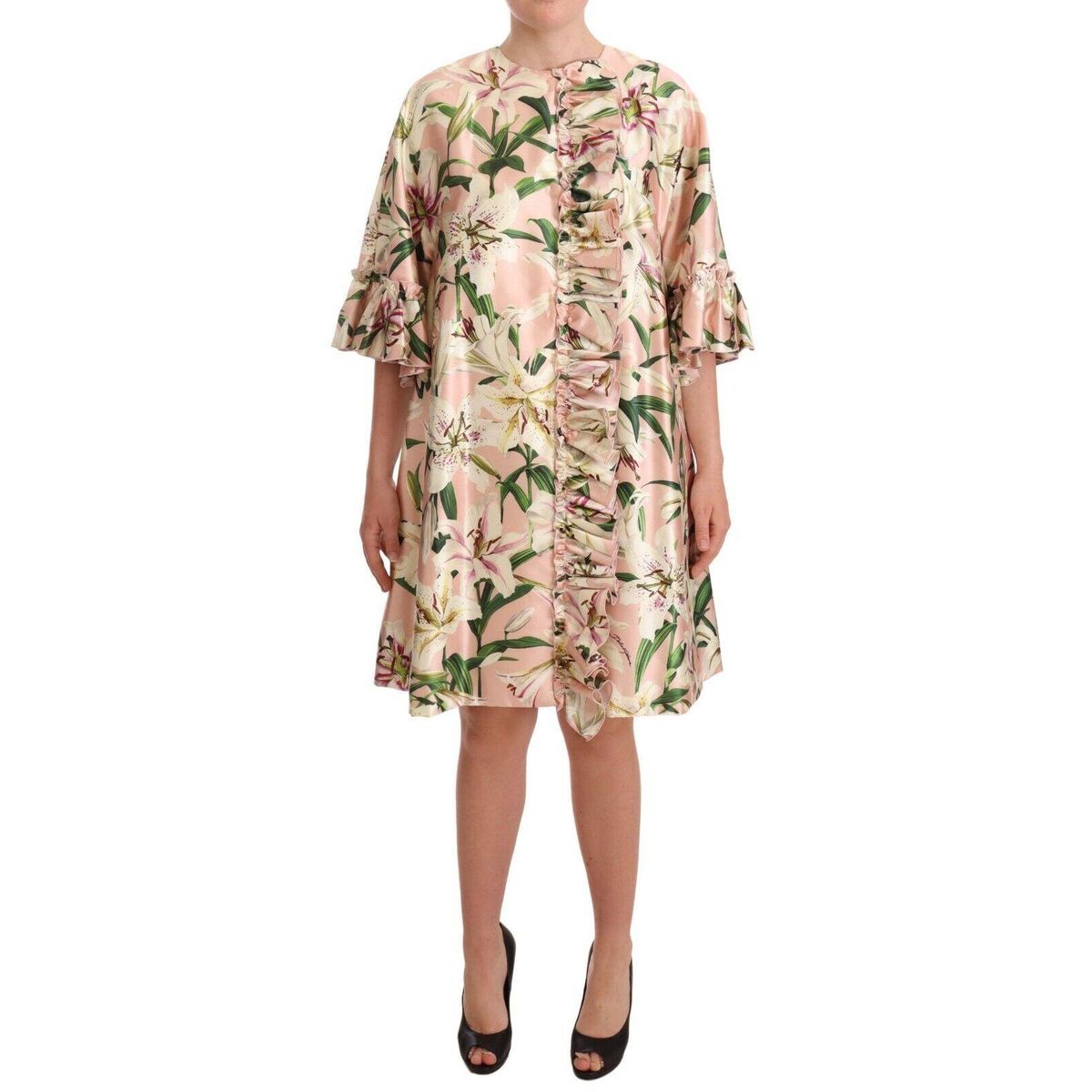 Dolce & Gabbana Elegant Floral Ruffled Silk Long Coat