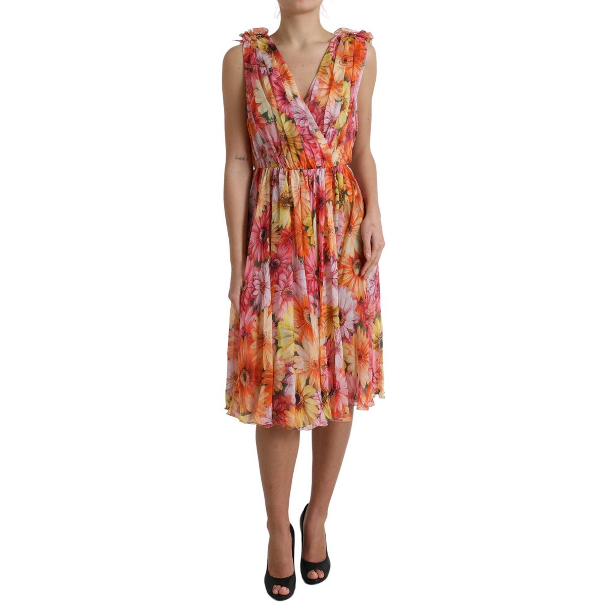 Dolce & Gabbana Elegant Floral Silk Midi Dress with V-Neck