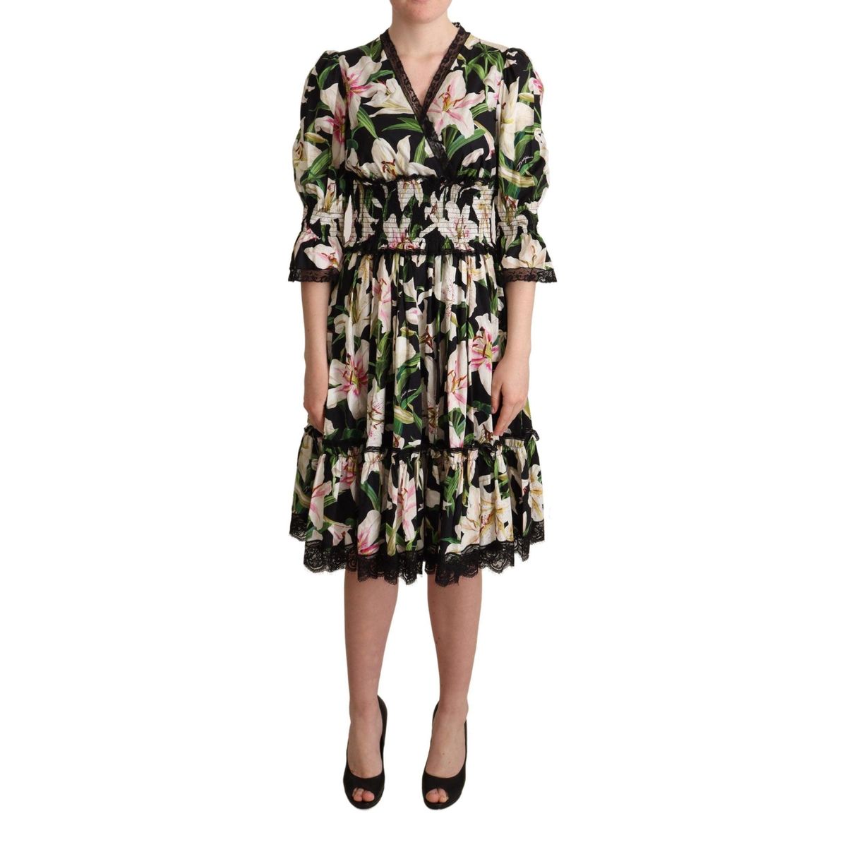 Dolce & Gabbana Elegant Lily Print Midi Dress with Lace Trim