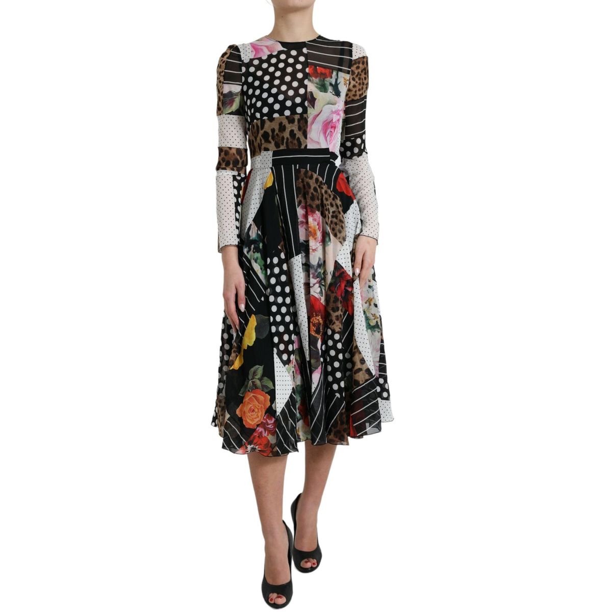 Dolce & Gabbana Elegant Patchwork Silk Midi A-Line Dress