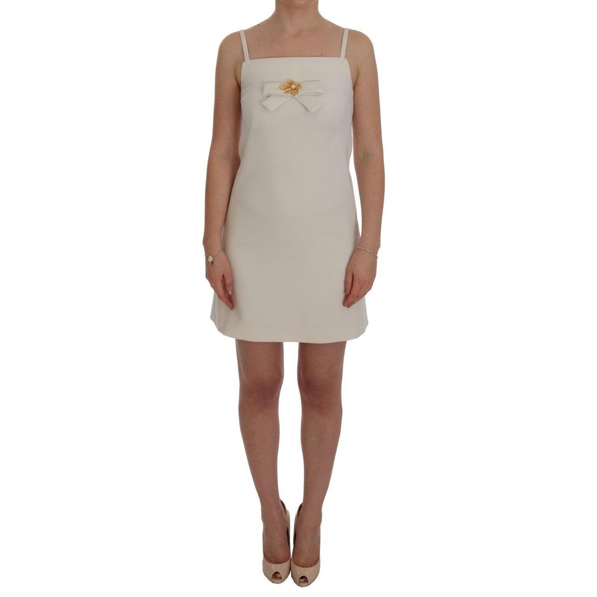 Dolce & Gabbana Elegant White Wool Shift Dress with Gold Brooch