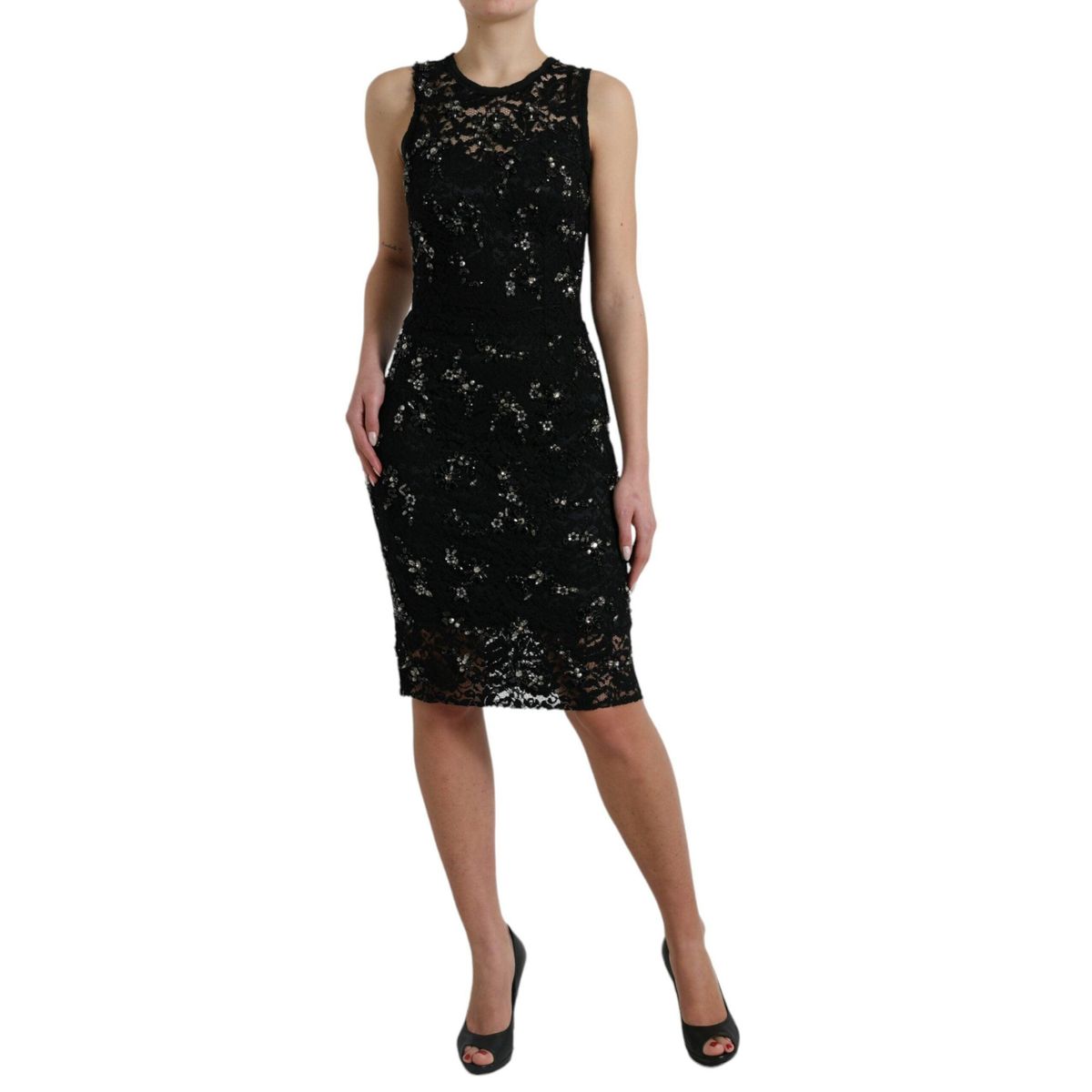 Dolce & Gabbana Exquisite Black Floral Lace Crystal Sheath Dress