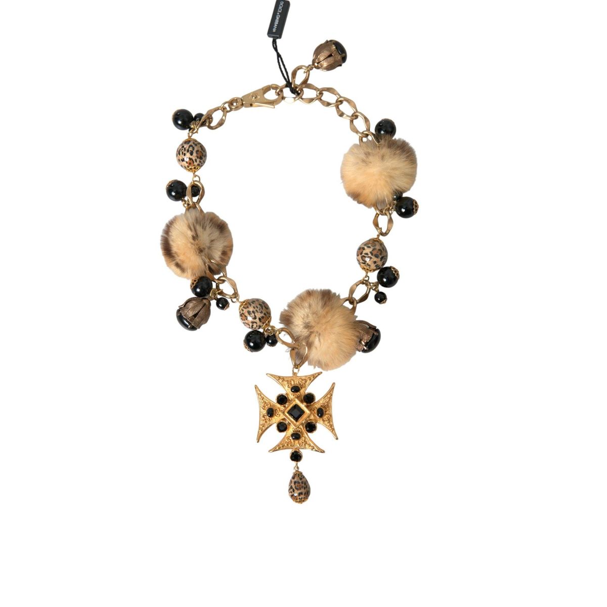 Dolce & Gabbana Gold Black Crystals Lapin Fur Filigree Chocker Necklace