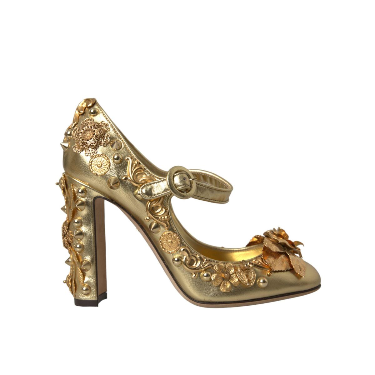 Dolce & Gabbana Gold Leather Crystal Mary Janes Pumps Sko