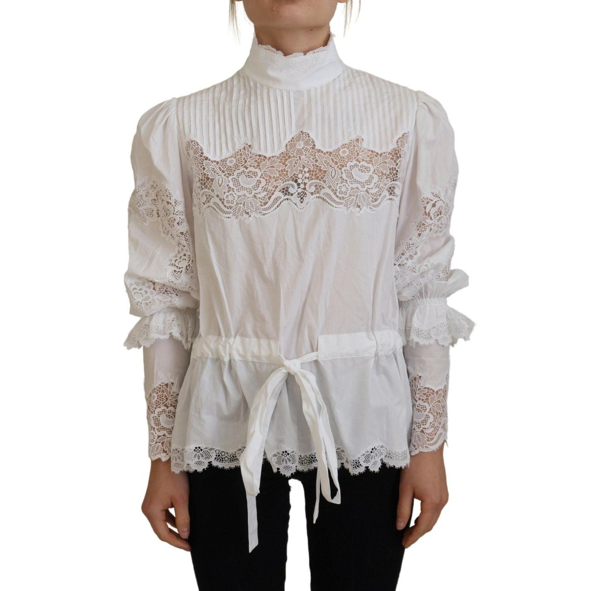 Dolce & Gabbana Hvid Bomuld Lace Trim Turtle Neck Bluse Top