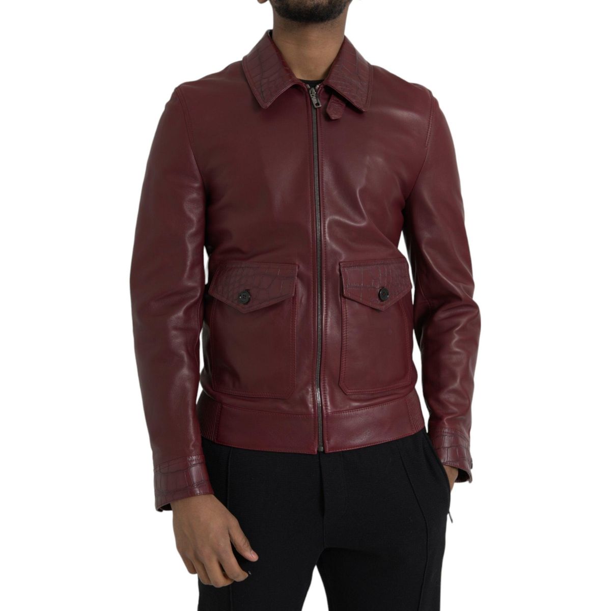 Dolce & Gabbana Maroon Exotic Leather Zip Biker Coat Jacket