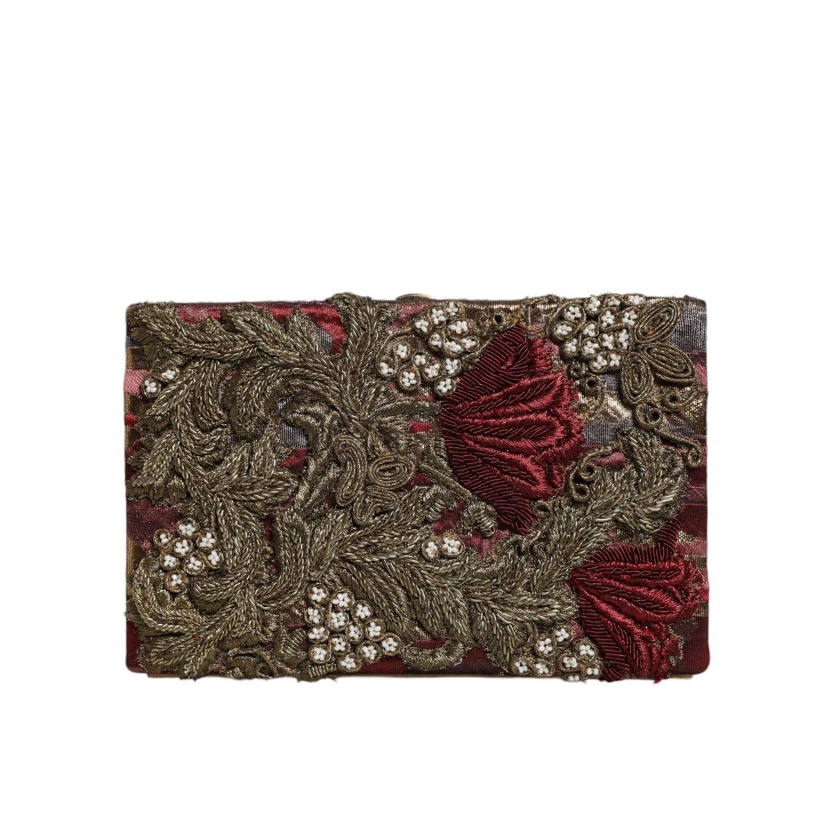 Dolce & Gabbana Maroon Gold Floral Jacquard Gold Frame Clutch Evening Purse Bag